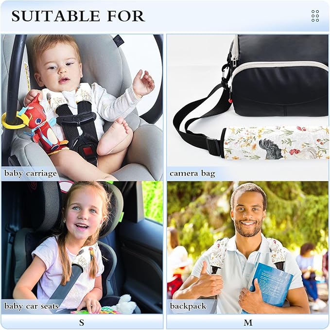 CHIFIGNO Colorful Roosters Cute Flowers Seat Belt Covers 2Pcs Car Seatbelt Covers Soft Car Seat Straps Shoulder Pads for Adults Women Kids
