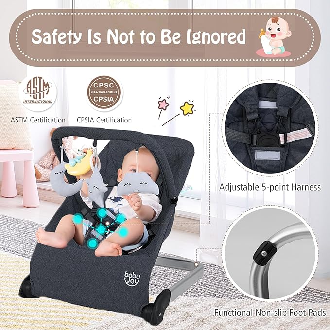 BABY JOY Baby Bouncer, Foldable Baby Bouncer Seat with 5-Point Safety Harness, Removable Fabric Cover & 3 Plush Toys, Portable Infant Bouncer for Babies 0-6 Months (Dark Grey)