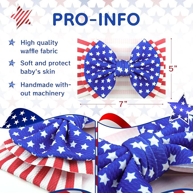 4th of July Headbands for Baby Girl 7'' Independence Day Hair Bow for Newborn Infant Toddler Kids American Flag Headwarp Accessories