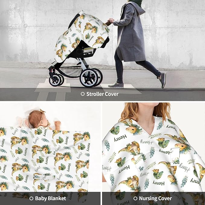 Personalized Winter Carseat Cover for Baby Custom Name Dino Car Seat Canopy for Newborn Baby Boys Girls 2 in 1 Mom Nursing Breastfeeding Covers Dinosaur Minky Baby Carrier Stroller Covers