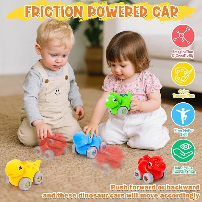 Toddler Toys for 1 2 Year Old Boy Gifts, Dinosaur Slide with 4 Dino Cars Montessori Learning Toys for Baby 12-18 Months, Educational First Birthday Gifts for Kids, Girls, Push Track for Toddlers 1-3