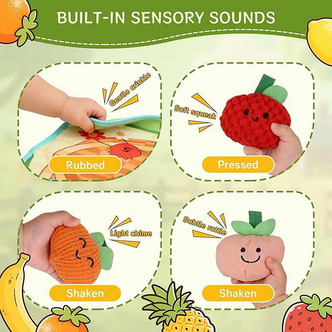 Plush Fruit Tree Toddler Learning Playset for 1 Year Old, Montessori Toys with Rattle Crinkle Textures Velcro, 10 PCS Play Food Toys Color Shape Number Matching Mat Fine Motor Skills Easter Baby Gifts