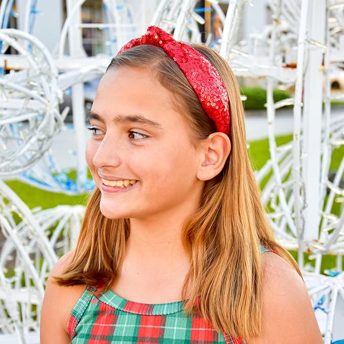 FROG SAC Knot Headband for Girls - Red Sequin Knotted Hair Bands Accessories for Kids, Sparkly Little Girl Headbands for Children, Holiday Christmas Valentines Sparkle Hairbands for Tweens