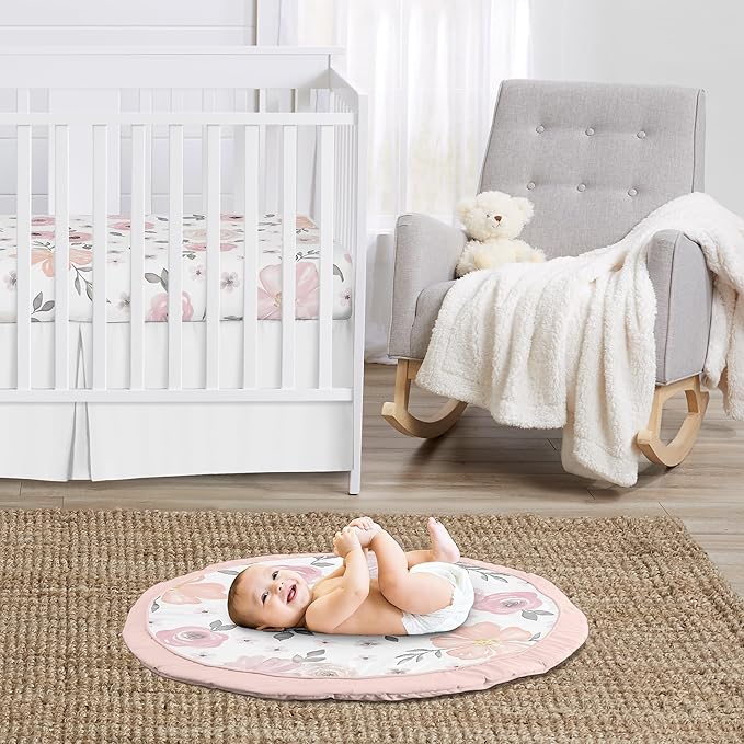 Sweet Jojo Designs Baby Play Mat (Pink/Grey Boho Floral) for Girls, Infant, Toddler Tummy Time Activity Floor Playmat (Watercolor, Flower, Elegant Rose, Shabby Chic, Farmhouse, Nature, Blush & Gray)