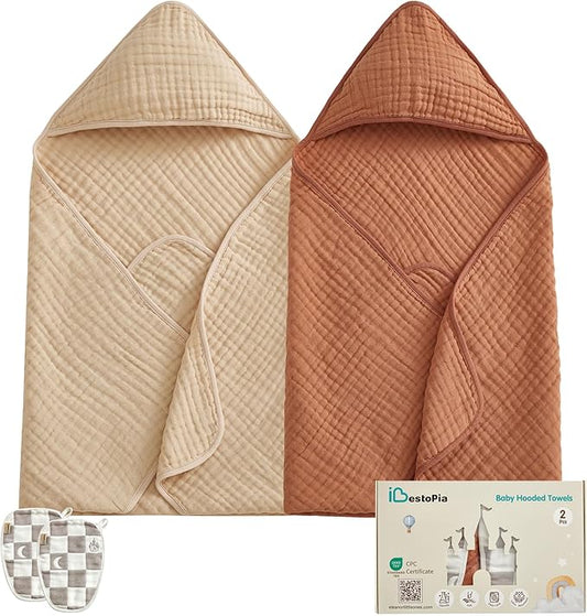 Hooded Baby Bath Towels 2 Pack 32x32 Inch, 100% Cotton Soft & Highly Absorbent, Pink & Linen Neutral Colors, Baby Towel Set with Wash Mitts, Gentle for Newborn, Infant & Toddler