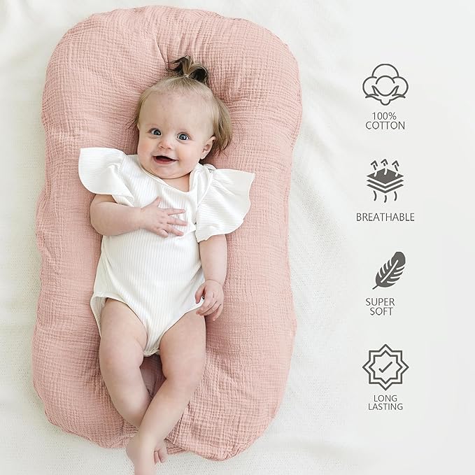 MairMore Muslin Baby Lounger Cover for Newborn & Infant, 100% Cotton Soft and Breathable Lounger Slipcover for Baby Girls and Boys, Pack of 2 (Pink, Ivory)