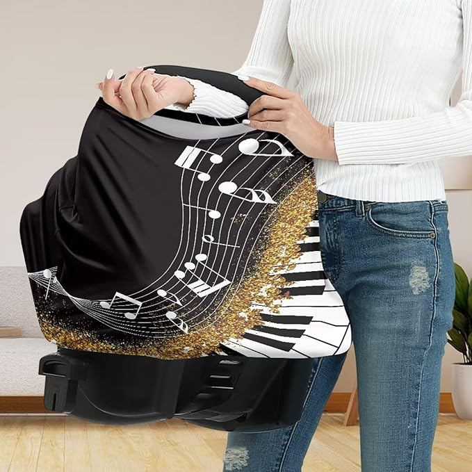 Music Nursing Cover for Breastfeeding,Black Piano Car Seat Cover Baby Soft & Breathable Breastfeeding Covers Nursing Multi-Use for Car Seat & High Chair