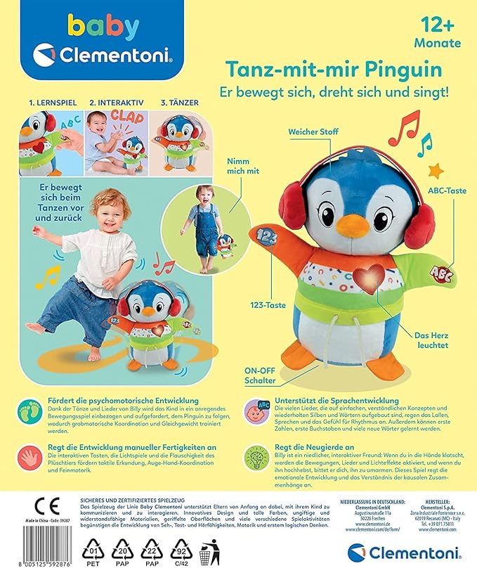 Clementoni Baby Clementoni 59287 Penguin Dancing with Me, Interactive Baby Toy with Music and Light Effects, Dancing and Singing Educational Toy for Toddlers from 12
