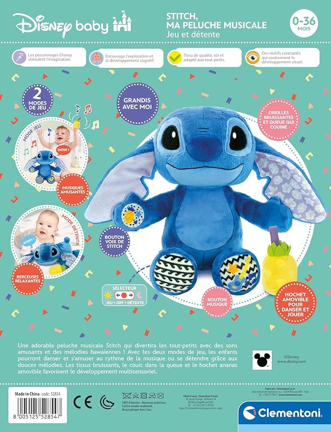 Clementoni - Stitch, My Musical Plush Toy from 12 Months, Ultra Soft to Cuddle - Lullabies + Sound Effects - Educational Games for Children