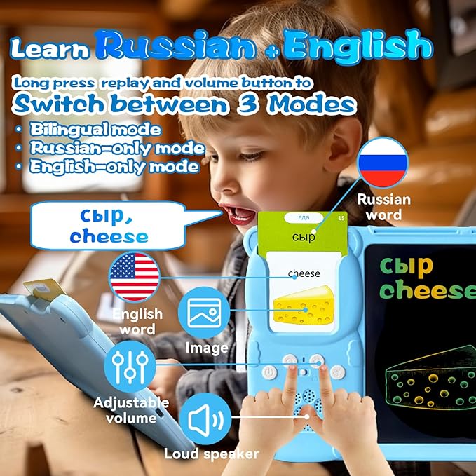 Talking English & Russian Flash Cards - 8" LCD Writing Tablet for Kids 3-12, Bilingual 510 Sight Words, Toddler Pocket Speech, Drawing Sketch Pad, Autism Toys for Boy (Russian - Blue)