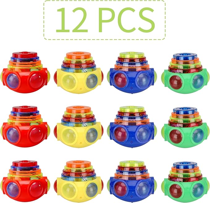 PROLOSO 12 Pack Led Spinning Tops Peg Top Light Up Music Spin Toys Glow in the Dark Party Supplies Gift Multicolored