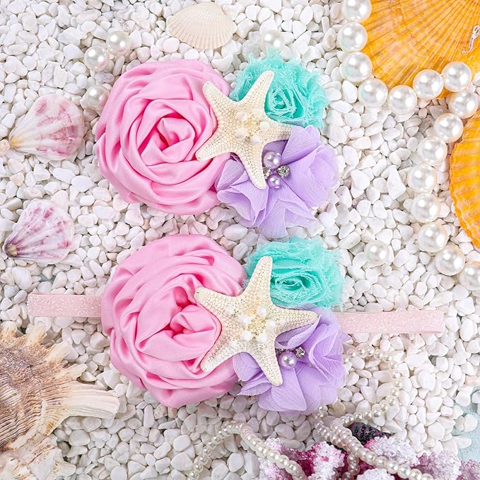 YanJie Baby Girls Mermaid Headband, Glitter Hair Clip, and Starfish Hair Bow Set - Aqua Lavender Newborn Mermaid Party Gift Accessories
