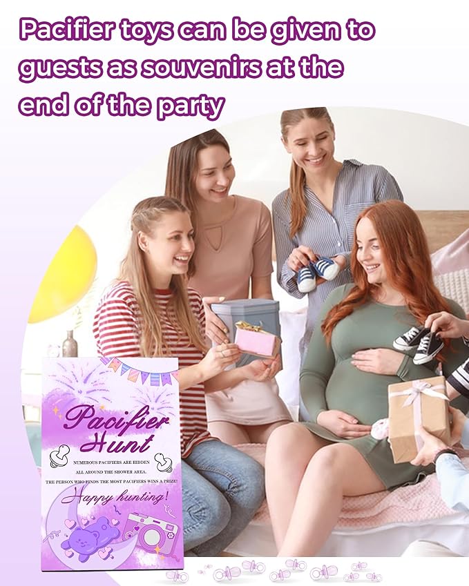 Baby Shower Games, Baby Shower Decorations, 1 Baby Pacifier Hunt Sign and 50 Acrylic Pacifiers for Gender Reveal Games (Purple)
