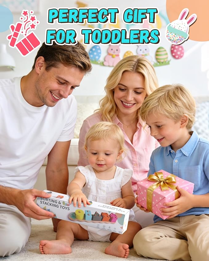 1 Year Old Boy Girl Gifts Montessori Toys for 1 2 Year Old Caterpillar Wooden Shape Sorter Stacking Toys for Toddlers 1-3 Educational Preschool Learning Toy Easter Basket Stuffers Birthday Gift