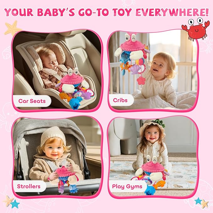 Car Seat Toys for Babies 0-6 Months, Hanging Sensory Crab Plush Toy for Stroller, Crib & Play Gym, Montessori Infant Activity Toy with Mirror, Rattle & Teether, Newborn Baby Gifts 0-12 Months (Pink)