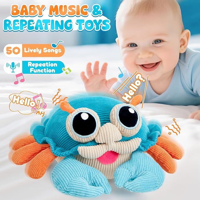 Golray Baby Crawling Toys 12-18 Months, Musical Dancing Walking Moving Crab with Pure Cotton & 50 Songs, Tummy Time Baby Sensory Toys, Toddlers Girls Boys Birthday Gifts for Infants 1-3 Years Old