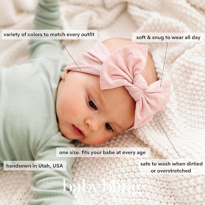 Baby Bling Bows - Newborn to Little Baby Girl Bows, 2 Pack Nylon Super Soft Stretchy Knot Toddler Headbands, Perfect Hair Accessories Head Bands for Infant Kids(Light Orchid & White)