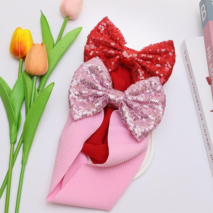 Baby Headbands, 2PCS Pink and Red Bows Polyester Hair Accessories for Baby Girls 0-6 Months, One Size Fits All, Valentine Gift