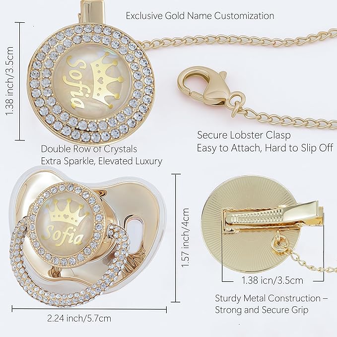Personalized Name Anniversary All Bling Pacifier and Clip Set Gold Plated New Born Gift Photography No for Daily Use (Gray)