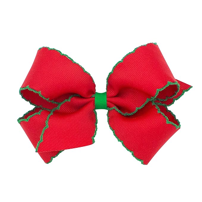 Wee Ones Girls' Classic Grosgrain Moonstitch Edge Hair Bow, No-Slip Hair Clip, Handmade, Red with Green, Medium