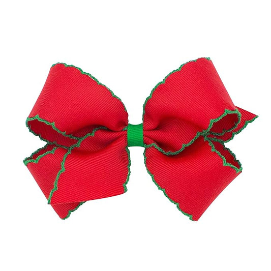 Wee Ones Girls' Classic Grosgrain Moonstitch Edge Hair Bow, No-Slip Hair Clip, Handmade, Red with Green, Medium
