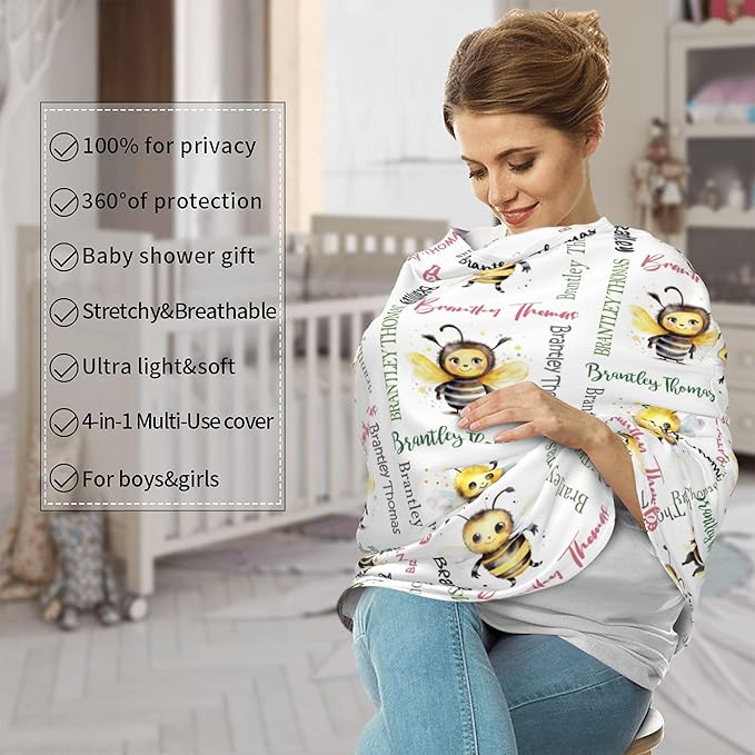 Personalized Baby Car Seat Cover with Name Stroller Canopy Custom Bee Carseat Cover Newborn Baby Boy Girl Nursing Cover for Moms First Birthday Gift