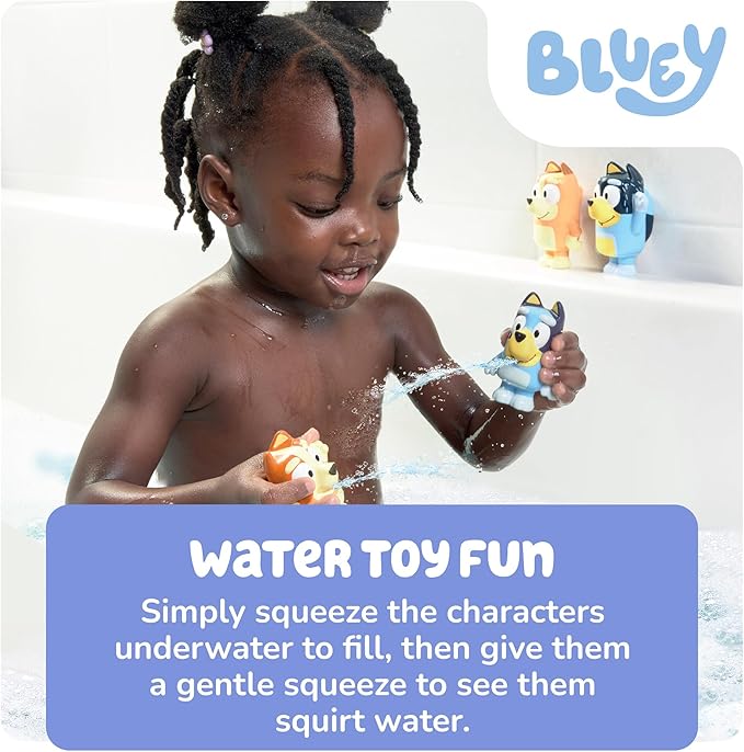 TOMY Toomies Bluey Bath Toy Squirters - Includes Bandit, Chilli, Bingo, and Bluey Figures – Toddler Water Toys for Pool or Bathtub Play - Toddler Toys Ages 18 Months and Up
