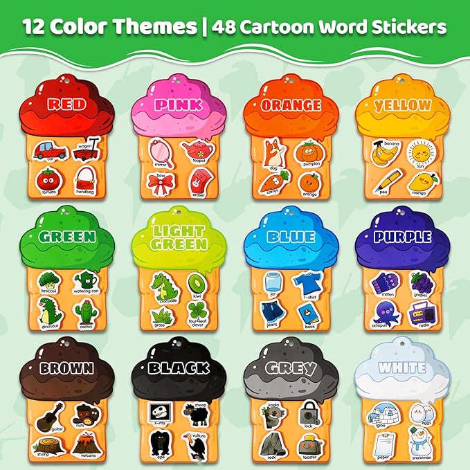 QEF Montessori Busy Book, Color Sorting Toys for Toddlers 2-4, 12 Color Themes Educational Preschool Learning Activities Toys Book with 48 Cartoon Sticker, Sensory Matching Games for Kids