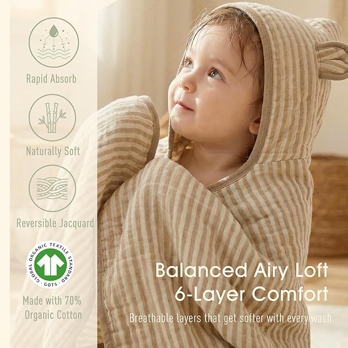 Ultra-Soft Muslin Toddler Hooded Towel – 55 x 28 Inches, Made with Organic Cotton, Gender-Neutral Warm Brown Striped Jacquard Pattern, Ideal for Bath & Beach, Newborn to Toddler