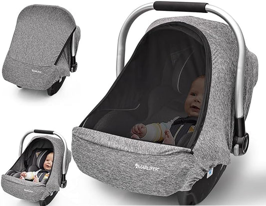 Baby Car Seat Cover, Large Mesh Window, Breathable Fabric, Infant Windproof Canopy, Universal Fit CarSeat Covers for Babies, Machine Washable, Gray