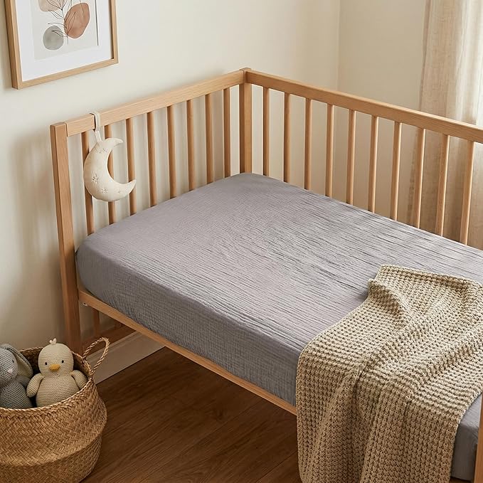 Pro Goleem 2 Pack Muslin Crib Sheets for Boys and Girls, Soft Breathable Neutral Fitted Cotton Baby Bed Sheets Set for Standard Crib Mattress & Toddler Mattress 52"x28", (Grey＆Green)