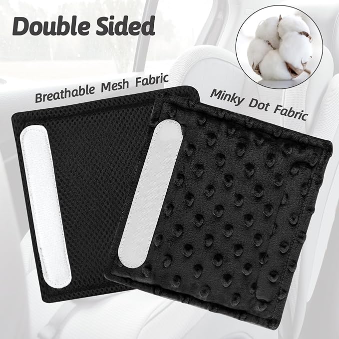 Baby Car Seat Strap Pads, Toddler Car Seat Strap Shoulder Covers for Baby Kids, Double-Sided Car Seat Belt Covers for Stroller/Pushchair/Baby Swing, Soft Flannel & Mesh, Black