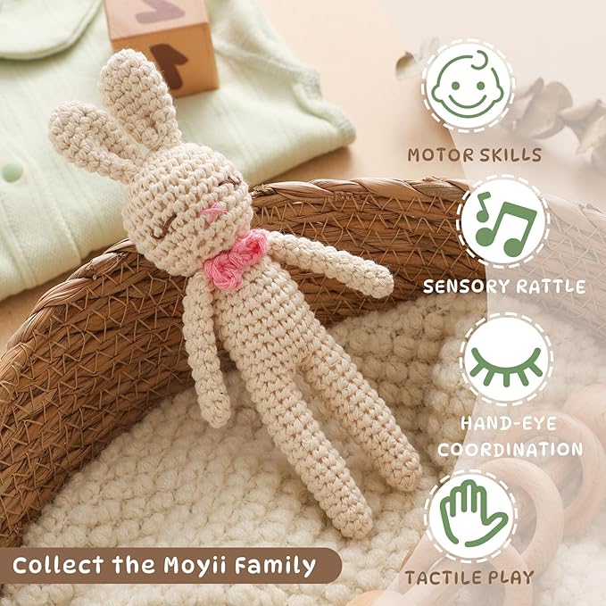 Moyii Handmade Crochet Bunny Baby Rattle - Soft Cotton Amigurumi Sensory Shaker Toy for Newborns & Infants - Easy Grip Lovey Sleep Toy & Neutral Nursery Decor Shower Gift