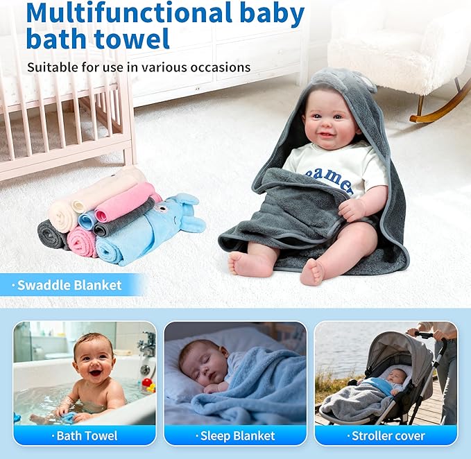 HBHLFZ 4-Pack Baby Bath Towels,Set of 2 Hooded Baby Bath Towels and 2 Baby Face Towels, Super Soft,Highly Absorbent,31.5x31.5inch,Suitable for Newborns,Toddlers and Children,Unisex（Elephant, Bear