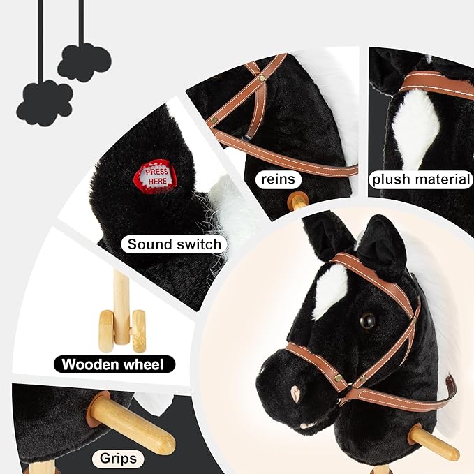 Stick Hobby Horse Riding Toy, Plush Horse for Toddlers Ages 3+, Ride On Toy Fun Pretend Play with Wooden Wheels and Real Pony Clip-Clop Sounds - Black, 39 Inches