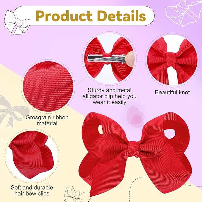 20Pcs 4" Hair Bows,Grosgrain Ribbon Solid Color Hair Bow with Alligator Clips,Hand-made Toddler Red Bows Hair Accessories for Girls Kids Children Little Teen (Red)