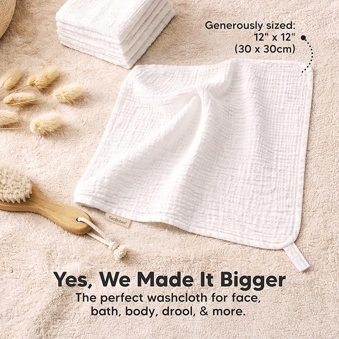 10-Pack Muslin Baby Washcloths for Newborn – 12x12" Soft Absorbent Organic Cotton Muslin Wash Cloths for Babies Girl, Boy, Infant, Toddlers, Kids Face Towel,Bath Essentials,Baby Burp Rags (Soft White)