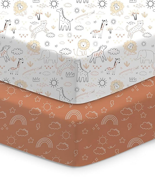Crib Sheets 2 Pack, Fitted Crib Sheet for Standard Crib Mattress 28x52x9, Ultra Soft Jersey Knit, Breathable Stretchy Deep Pocket, Snug Fit Stays Put, Baby Crib Mattress Sheet