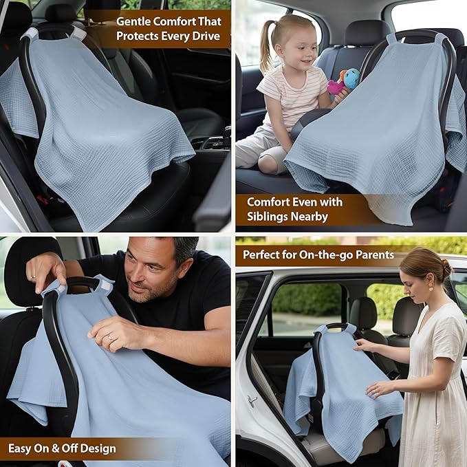 100% Organic Muslin Cotton Car Seat Cover 35 x 50 Inches Soft Touch Breathable Canopy, Protective Car Seat Cover Baby All Seasons Lightweight Car Seat Cover Travel Comfort (Blue)