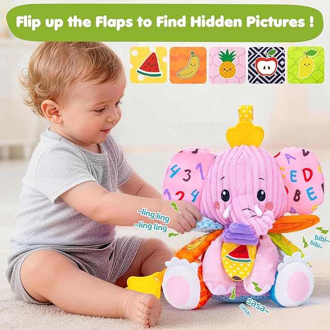 Baby Girl Toys 0-6 6-12 Months, Sensory Musical Toddler Toy for 3 4 5 6 7 8 9+ Months, Pink Elephant Plush Infant Toy with Teether, Crinkle, Rattle Baby Mirror for Tummy Time Newborn