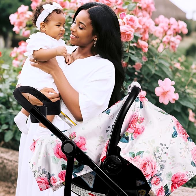 Baby Car Seat Cover,Carseat Covers Baby Girl, Multi-Use Minky Infant Canopy for Babies,Minky Infant Car Seat Cover Winter,Ultra-Soft Nursing & Stroller Cover,Pink Rose