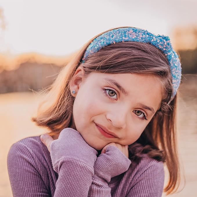 FROG SAC Sequin Knot Headband for Girls, Blue Knotted Hair Bands Accessories for Kids, Sparkly Iridescent Little Girl Headbands, Cute Fashion Hairbands for Tweens Stocking Stuffers for Children