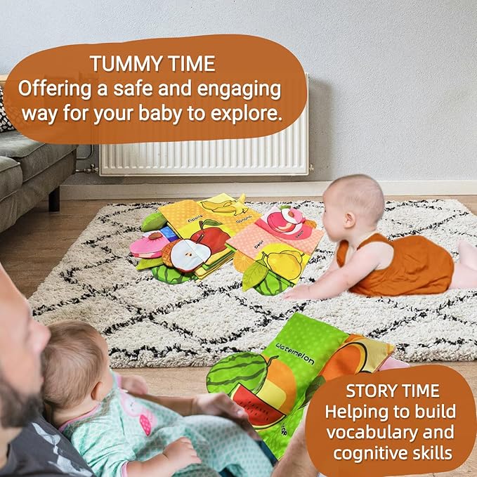 Baby Crinkle Books 0-6-12 Months, Infant Soft Cloth Tummy Time Toy for Babies 0-1-2-3-4-5-7-8-9-12-18 Month Old, Newborn Girl Boy Gift Touch Feel Sensory Fruit Theme Book Travel Stroller Toys