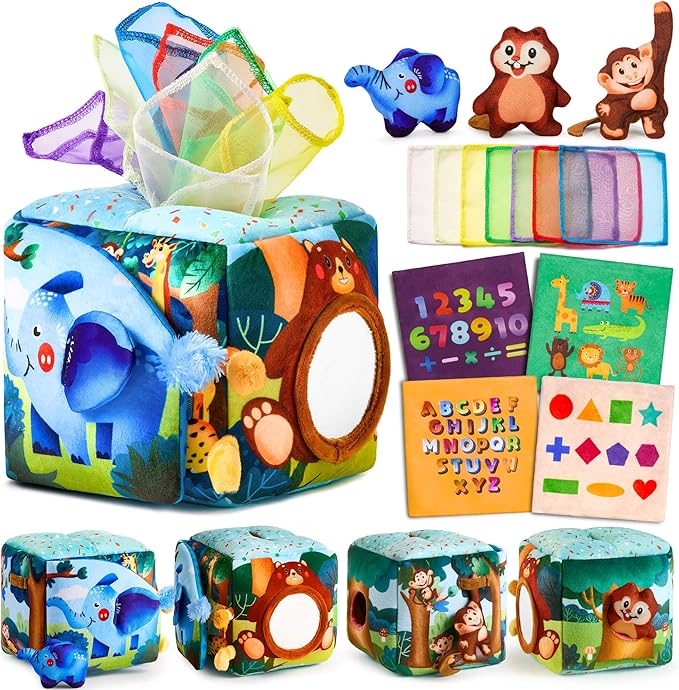 Baby Toys 6-12 Months - Baby Tissue Box Toy for 6 9 12 18 Months Old Montessori Sensory Toys for 1 Year Old Boy Infant Scarf Toy with Crinkle Tissues & Fine Motor Easter Basket Stuffers