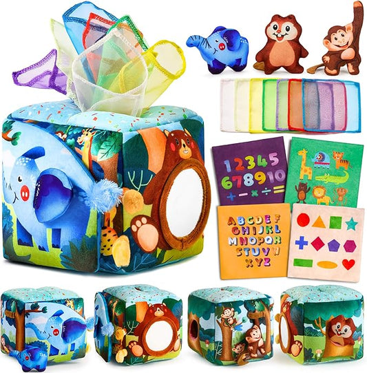 Baby Toys 6-12 Months - Baby Tissue Box Toy for 6 9 12 18 Months Old Montessori Sensory Toys for 1 Year Old Boy Infant Scarf Toy with Crinkle Tissues & Fine Motor Easter Basket Stuffers
