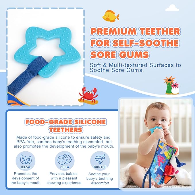 BBWOO Soft Baby Book Toy - Newborn Boy Girl Shower Gift - Tummy Time Toy for Infant 0-6 6-12 Months - Touch and Feel Sensory Crinkle Book with Teether - Baby Boy Girl Gift - Easter Basket Stuffers