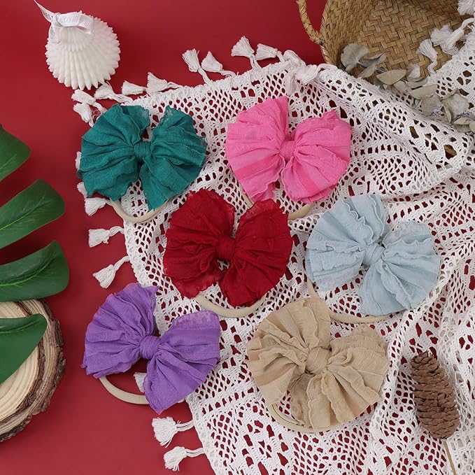 YanJie Girls Newborn Ruffled Lace Headbands - Soft Nylon Elastics, Handmade Hairbands and Accessories for Infants and Toddlers (Khaki, Wine Red, Rose, Blue, Purple)