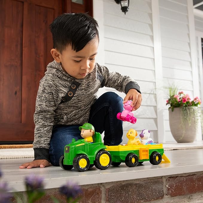 John Deere Animal Sounds Wagon Ride Musical Tractor Toy - Musical Toddler Toys - Includes Farmer Figure, Tractor, and 3 Farm Animals - Easter Basket Stuffers for Toddler - Ages 12 Months and Up
