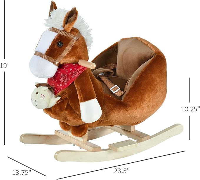 Qaba Kids Ride-On Rocking Horse Toy, Rocker with Lullaby Song, Hand Puppets & Soft Plush Fabric for Children 18-36 Months, Brown