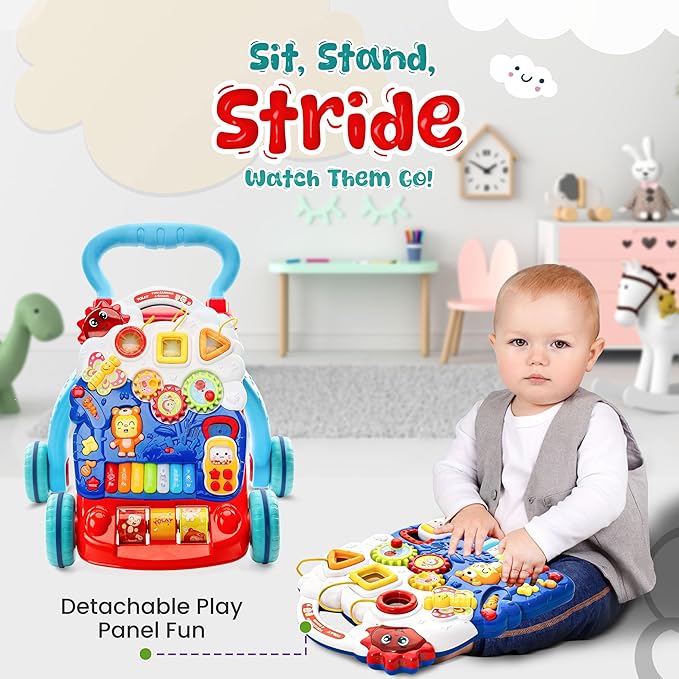 YOLAY Baby Push Walker for Baby Boy and Girl 6-12 Months, Baby Walker with Wheels Safety Knob & Weight Balancing Water Tank, Sit to Stand Detachable Early Learning Activity Center for Kids - Blue